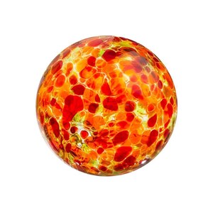 May include: A decorative glass sphere with a vibrant, speckled design. The sphere features a blend of orange, red, and yellow hues, creating a visually striking and textured appearance. The overall effect is reminiscent of molten glass or a fiery orb.