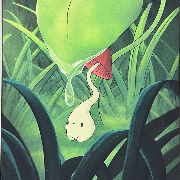 Mushling Dewdrop Print - Mushroom Under a Leaf Fine Art Giclée Print