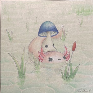 Mushling and Axolotl Print - Mushroom Axolotl Fine Art Giclée Print
