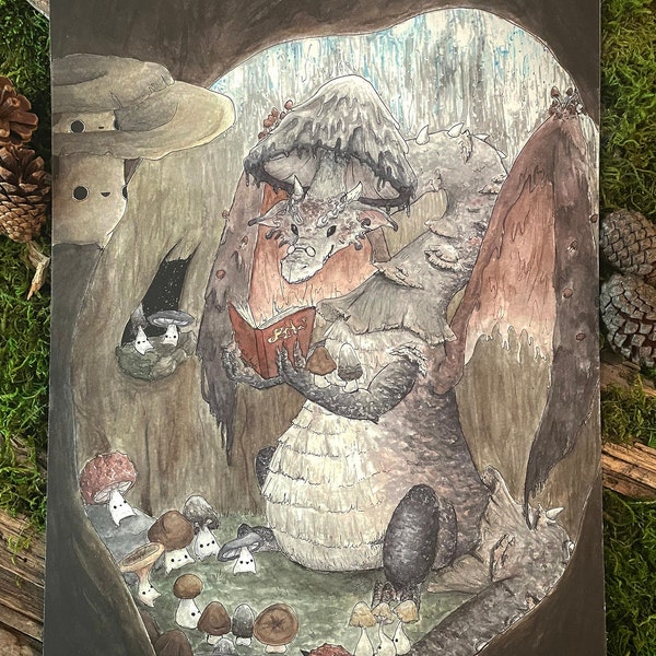 Mushroom Dragon Watercolor Print - Dragon Fine Art Giclée Print