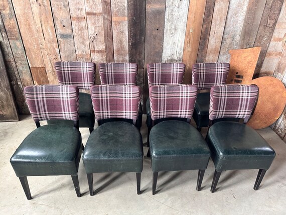 Vintage Set of Eight 8 Purple Tartan Green Leather Dining Chairs Etsy