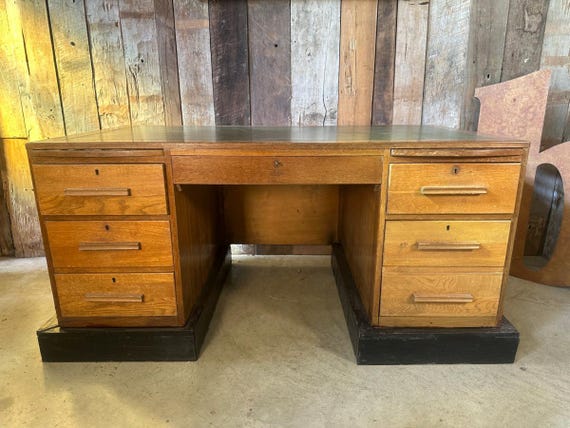 Antique Oak Art Deco Twin Pedestal Office Study Desk c 1930 Etsy