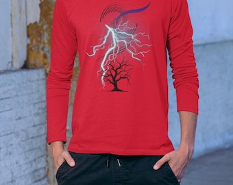 Lightning Tree Graphic Long Sleeve T-Shirt, Unisex Cotton Tee