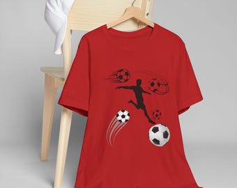 サッカーグラフィックTシャツ：スポーツファン向けユニセックスコットンジャージーTシャツ