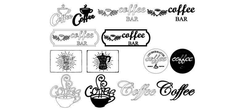 May include: A collection of black and white coffee shop logo designs. The logos feature various coffee-related imagery, including coffee cups, coffee beans, and coffee pots. The text "coffee bar" appears in several of the logos.