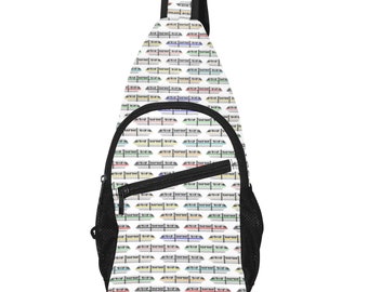 May include: A black and white sling bag with a colourful repeating pattern of a monorail train. The bag has a zipped pocket and a mesh panel.