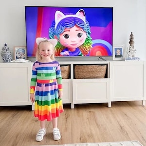 Rainbow Cat Striped Long Sleeved Dress - Kid&#39;s Long Sleeve Dress