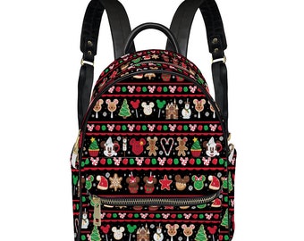 Disney Christmas Treats Pattern - Holiday - Faux Leather Backpack Schoolbag 10.6" x 7" x 12.2"