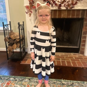 Cat Striped Long Sleeved Dress - Twirl Dress - Costume Dress