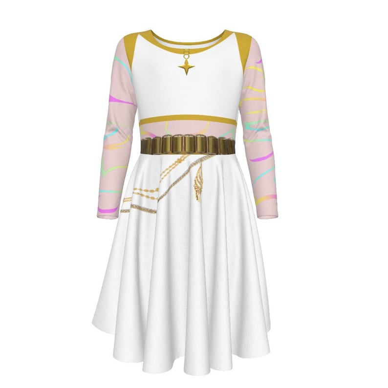 May include: White dress with long sleeves featuring a gold neckline and a gold star pendant. The sleeves have a sheer, light pink fabric with pastel rainbow stripes. A gold belt and chain detail the waist. The dress has a flared skirt.