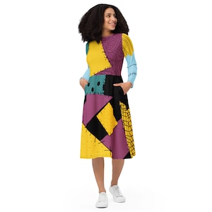 Sally - Nightmare - Disney Bounding- Halloween - Women&#39;s Long Sleeve Midi Dress with Pockets