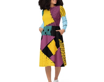 Sally - Nightmare - Disney Bounding- Halloween - Damen Langarm Midi Kleid mit Taschen