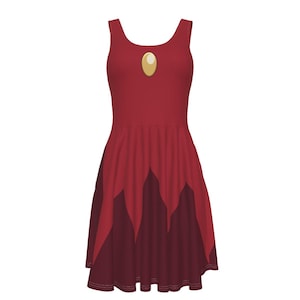 May include: A red sleeveless dress with a gold gem on the front. The bottom of the dress has a burgundy and red flame pattern.