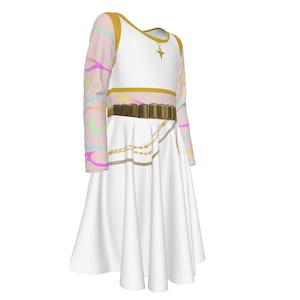 May include: A white dress with a gold star pendant, gold trim, and a gold belt. The long sleeves have a pink background with colorful pastel designs. A gold chain hangs from the belt.