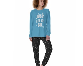 May include: A blue long-sleeved pyjama top with the text "JUST LET IT GO" in white with snowflake accents. Matching black pyjama trousers with a white snowflake pattern.