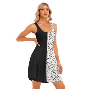 Cruella Dress, Dalmatians Dress, Disney,  Halloween, Cosplay, Women&#39;s Tank Dress with Pockets
