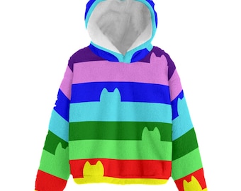 Rainbow Cat Stripes Plush hoodie - Cat Hoodie - Dollhouse- Kid’s Borg Fleece Sweatshirt With Ear