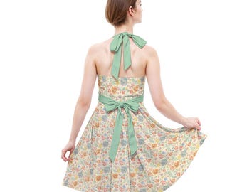 wonderland halter dress Alice Flowers - Disney Bounding - Dapper Days - Women's Dress With POCKETS! size:M/L