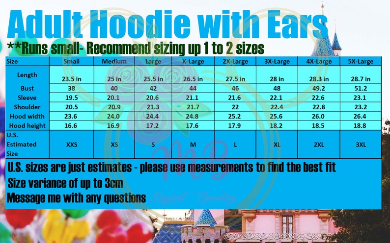 Pu&ograve; includere: Tabella delle taglie per una felpa con cappuccio per adulti con orecchie. La tabella mostra le misure in pollici per la lunghezza, il busto, la manica, la spalla, la larghezza del cappuccio e l'altezza del cappuccio. Mostra anche la taglia americana corrispondente per ogni misura. La tabella indica che la felpa con cappuccio veste piccola e consiglia di ordinare una o due taglie in pi&ugrave;.