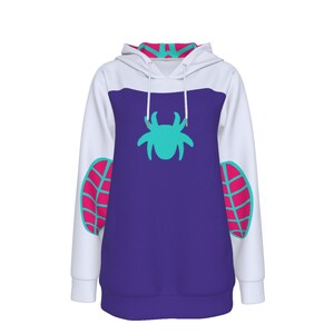 May include: White hooded sweatshirt with a purple torso and teal spider graphic. The sleeves are white with teal and pink webbed designs. The hood has a pink and teal pattern.