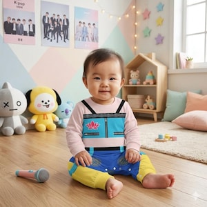 May include: A long-sleeved baby romper featuring a light pink top section and a blue bottom section. The chest area displays a graphic of a pink lotus flower on a blue panel with black trim. The legs are blue with yellow cuffs at the ankles.