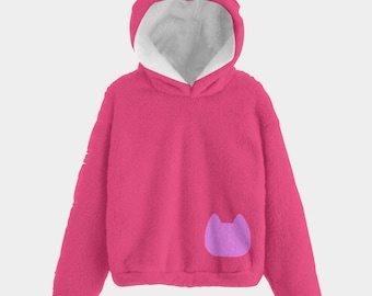May include: A pink fleece hoodie with a cat-shaped hood and a purple cat face patch on the front.