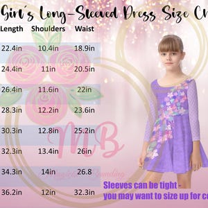May include: A size chart for a girl's long-sleeved dress, with measurements in inches. The chart includes sizes S to 5XL, with length, shoulder, and waist measurements. A young girl is wearing a purple dress with floral accents.