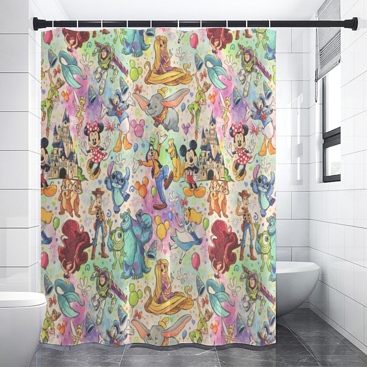 Disney Character Collage Rainbow Bathroom D cor Shower Curtains