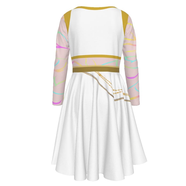 May include: A white dress with long sleeves and a flared skirt. The dress features a gold-colored neckline and waistline, with a decorative chain detail. The sleeves have a sheer, light pink overlay with colorful, curved lines. A stylish, elegant dress.
