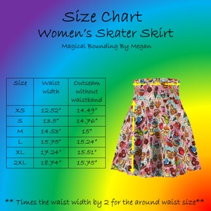 May include: Size chart for a women's skater skirt with a colorful print of cartoon food and desserts. The chart shows the waist width and outseam length in inches for sizes XS to 2XL.
