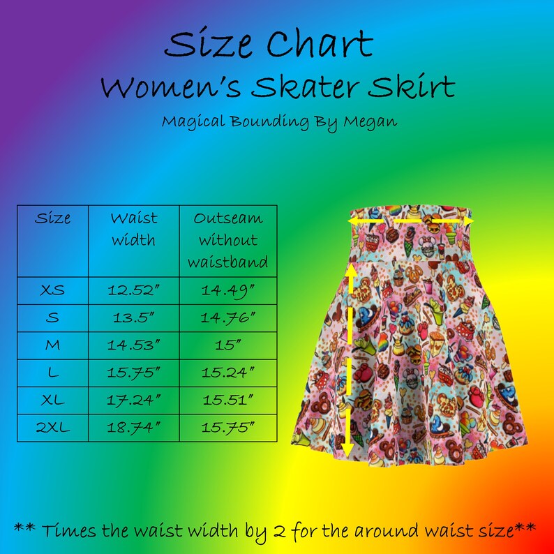 May include: Size chart for a women's skater skirt with a colorful print of cartoon food and desserts. The chart shows the waist width and outseam length in inches for sizes XS to 2XL.