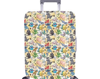 May include: A yellow suitcase cover featuring a repeating pattern of cartoon characters. The characters include Stitch, a blue alien, and other colourful creatures. The suitcase cover is a great way to personalise luggage.