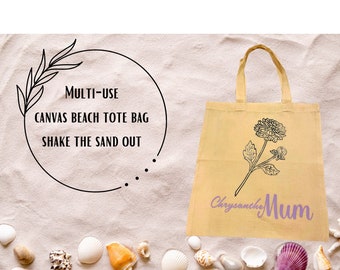 Floral Beach Bag Tote Birthday Gift for Mum Lightweight Cotton Shopping Bag Foldable Eco-Friendly Book Bag Tote with Crysanthemum Flower