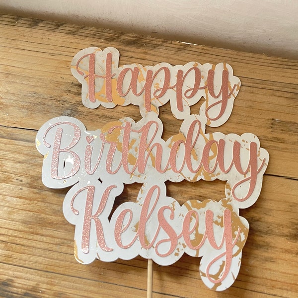 Personalised Happy Birthday Name Cake Topper, Pink and Gold Marbled Large Cake Decoration Celebration Topper, Customised Birthday Topper