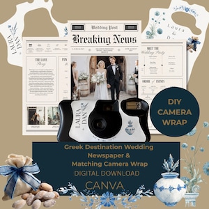 Matching Disposable Camera Wraps and Editable Greece Themed Wedding Newspaper, Printable Mediterranean Travel Destination Wedding Programme
