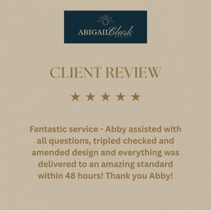 A tan-coloured graphic featuring the text "CLIENT REVIEW" and five gold stars. The Abigail Clark Events logo is at the top. The review highlights excellent service, design, and delivery within 48 hours.