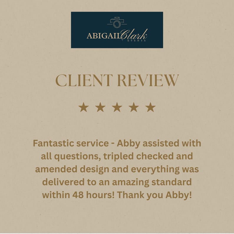 A tan-coloured graphic featuring the text "CLIENT REVIEW" and five gold stars. The Abigail Clark Events logo is at the top. The review highlights excellent service, design, and delivery within 48 hours.