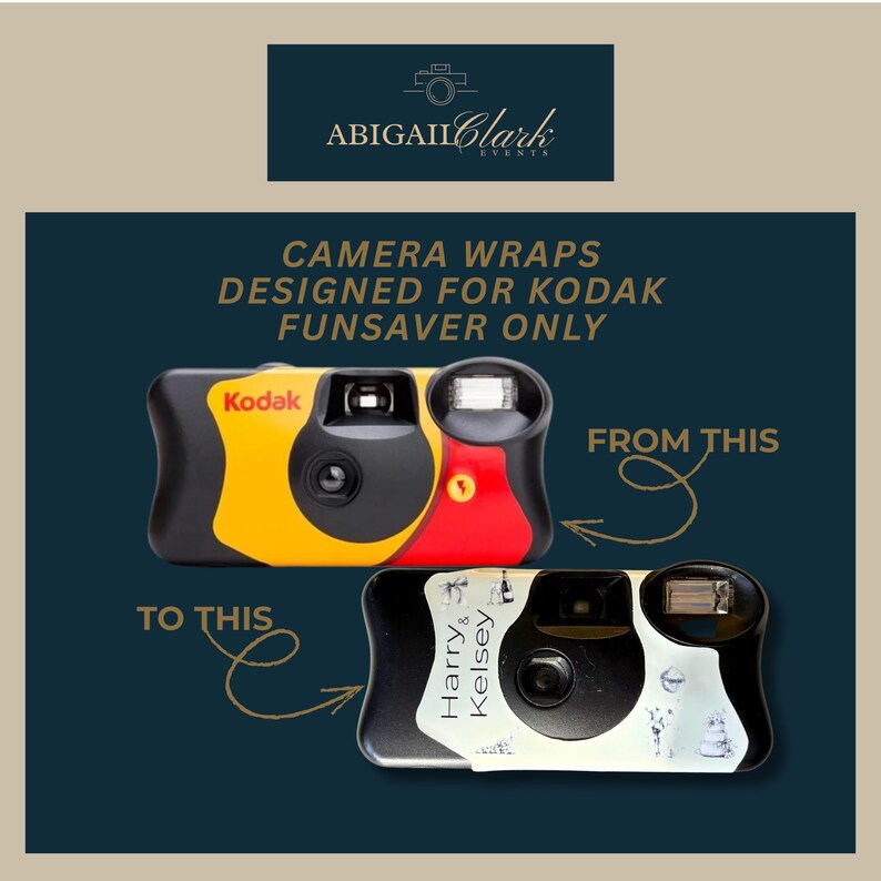 以下が含まれることがあります： 画像は、Kodak Funsaverカメラとカスタムカメララップを示しています。「CAMERA WRAPS DESIGNED FOR KODAK FUNSAVER ONLY」と「ABIGAIL Clark EVENTS」というテキストがあります。下のカメララップは白黒で、「Harry & Kelsey」という名前が書かれています。