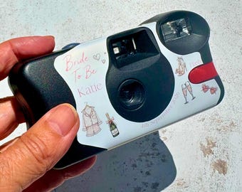 Illustrated Pink Hen Party Camera Wrap, Personalised Kodak FunSaver Cover, Neutral and Blush Bridal Icons for Bride To Be