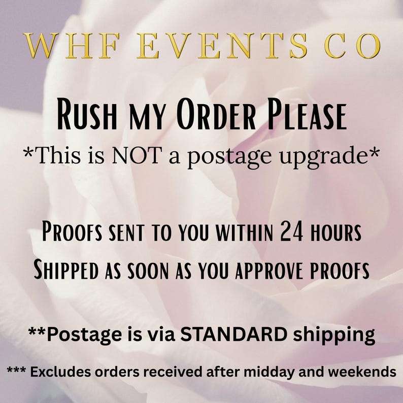 A Rush my Order listing which allows you to go to the top of my queue, it is not a shipping upgrade.  Pictured on a blurred floral background.