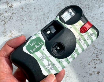 Personalised Kodak FunSaver Hen Party Camera Wrap, Sage Green Stripe Line Art, Girls Holiday Cocktails Disposable Camera