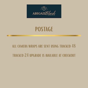 A beige background with the word "POSTAGE" in the centre. Above is a dark blue rectangle with the text "ABIGAIL Clark EVENTS" and a camera icon. Below the word "POSTAGE" is the text "ALL CAMERA WRAPS ARE SENT USING TRACKED 48" and "TRACKED 24 UPGRADE IS AVAILABLE AT CHECKOUT".