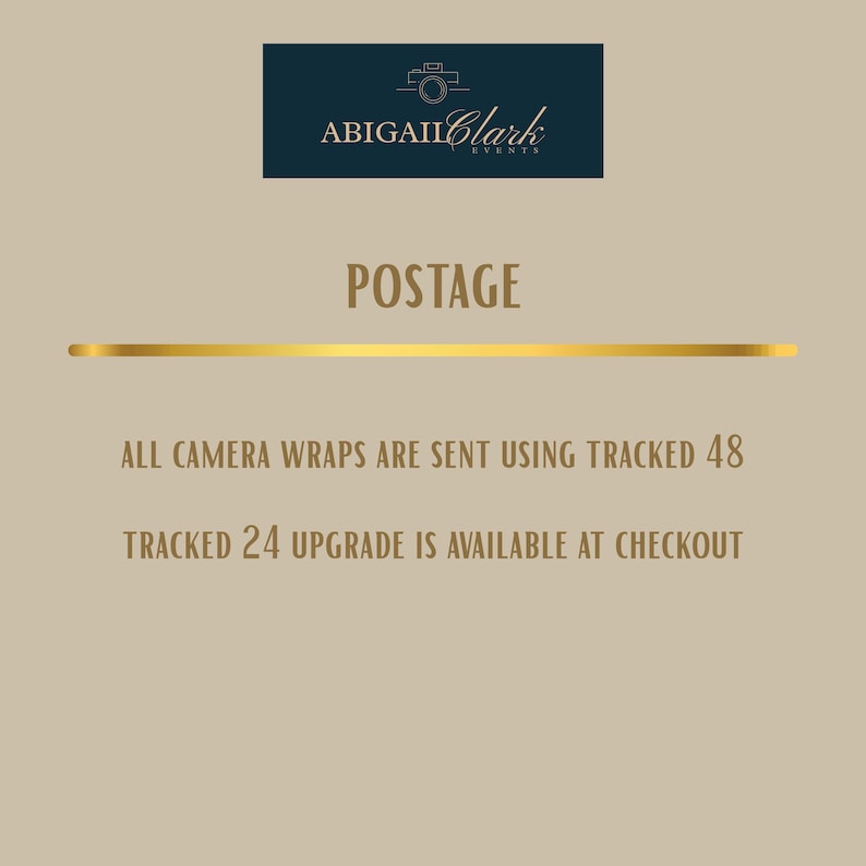 A beige background with the word "POSTAGE" in the centre. Above is a dark blue rectangle with the text "ABIGAIL Clark EVENTS" and a camera icon. Below the word "POSTAGE" is the text "ALL CAMERA WRAPS ARE SENT USING TRACKED 48" and "TRACKED 24 UPGRADE IS AVAILABLE AT CHECKOUT".