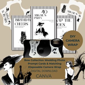 May include: Black and white themed party supplies, including invitation cards, a disposable camera wrap, and a DIY camera wrap. The cards feature illustrations of a woman in a hat and text that reads "Abigail's Party".