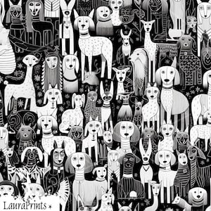 Cães clipart, padrão sem emenda, papéis digitais em preto e branco, download digital, uso comercial