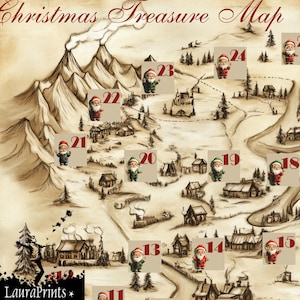 Calendario de Adviento imprimible y editable, etiquetas con números de Papá Noel para niños, mapa del tesoro, cuenta regresiva de Navidad de 25 etiquetas, descarga instantánea de Navidad.