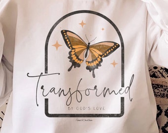 Transformé par l'amour de Dieu - Sweat-shirt ras du cou papillon rétro, Sweat-shirts chrétiens pour elle, Cadeaux chrétiens