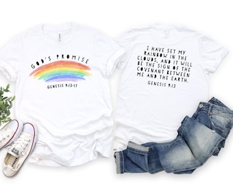 Gottes Versprechen Genesis christliches Regenbogen-Shirt für Frauen, siebenfarbiges Regenbogen-Shirt mit Genesis 9:13 auf dem Rücken