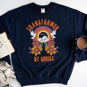 Transformed by Christ Romans 12:2 Crewneck Sweatshirt, Christian Retro Inspired Bible Verse Sweater