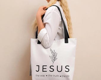 Christian Tote Bag, Jesus Is The Way The Truth The Life, Minimalist Bible Verse Tote, Faith Gift For Women, Church Bag, Religious Gift Idea